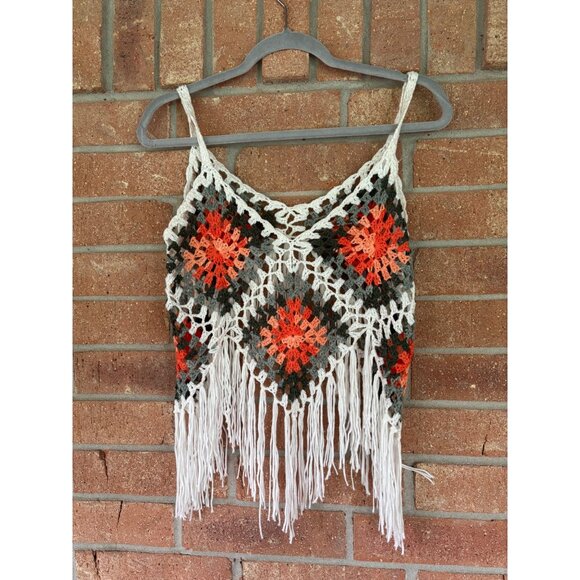 Handmade Crochet Fringe Boho Crop Top With Multicolor Diamond Pattern - Picture 1 of 9